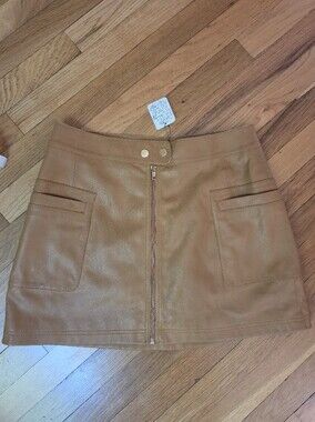 NWT Free People Camel Leather Front-Zip Mini Skirt